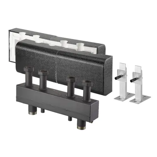 Oventrop Hydraulische Weiche/Verteiler-Kombination mit zwei Heizkreisanschlüssen. Enthält Wärmedämmung und zwei Montageteile aus Metall.